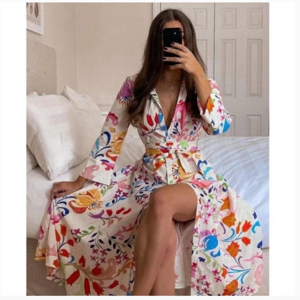 BLOGGERS FAVE! Zara Belted Printed Midi Dress White Purple Orange Red Sz XS NWT